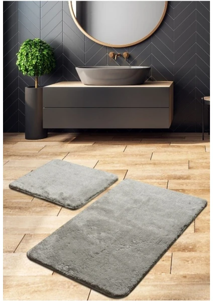 Post Peluş Banyo Paspas Takımı 2'li  Küçük Boy Jel Kaymaz Taban Klozet Takımı Gri  80X50 - 50X 40