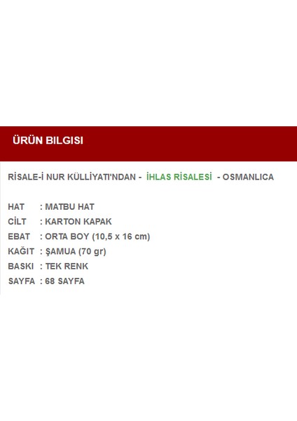 İhlas Risalesi (Osmanlıca) fiyatları