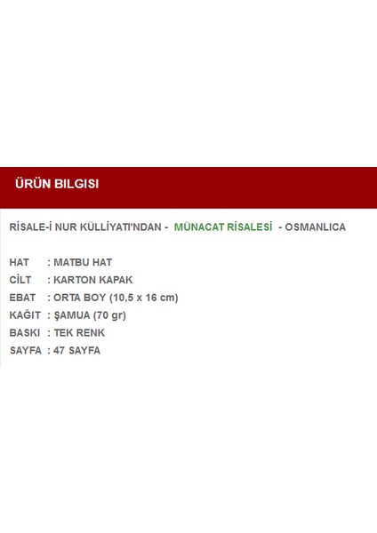 Münacat (Osmanlıca) fiyatları