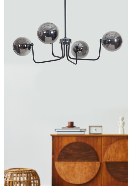 Belize 4'lü Krom Siyah Metal Gövde Füme Camlı Tasarım Lüx Avize