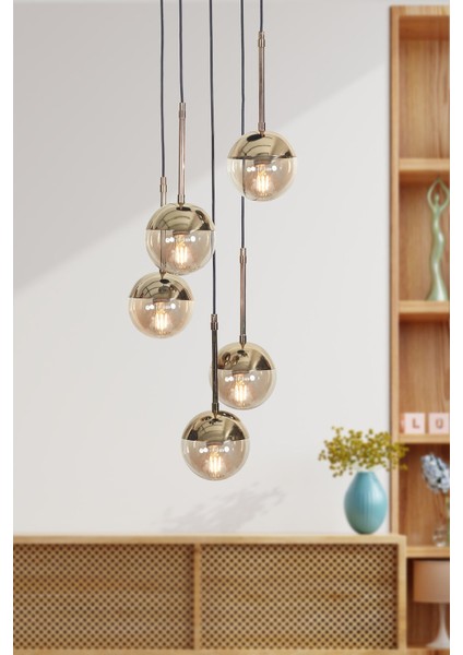 Nova 5'li Gold Siyah Metal Gövde Bal Rengi Camlı Tasarım Lüx Sarkıt Avize