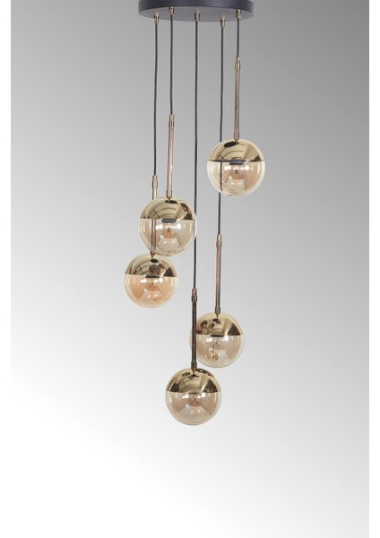 Nova 5'li Gold Siyah Metal Gövde Bal Rengi Camlı Tasarım Lüx Sarkıt Avize modelleri