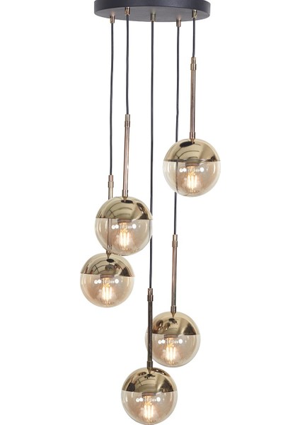 Nova 5'li Gold Siyah Metal Gövde Bal Rengi Camlı Tasarım Lüx Sarkıt Avize fırsatları