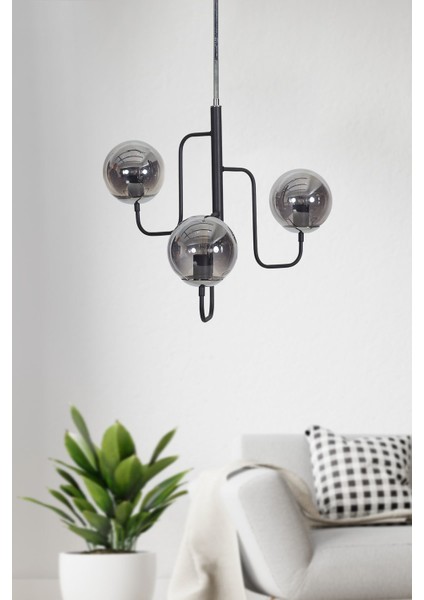 Tera 3 Lü Siyah-Krom Metal Gövde Füme Camlı Tasarım Lüx Avize