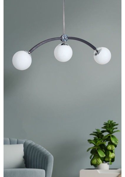 Frenk 3 Lü Krom-Siyah Metal Gövde Beyaz Camlı Tasarım Lüx Avize