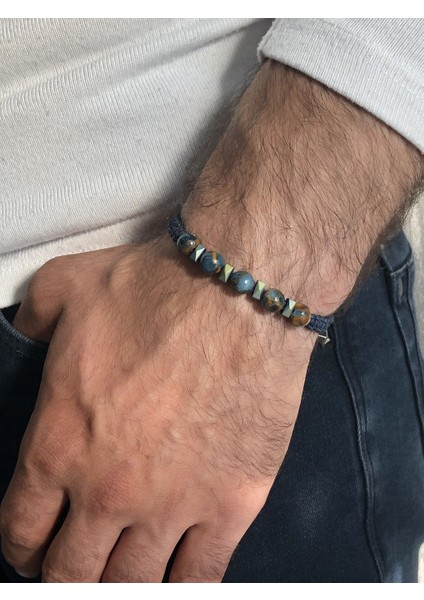Opal Taş ve Hematit Taşlı Deri Ipli Erkek Bileklik