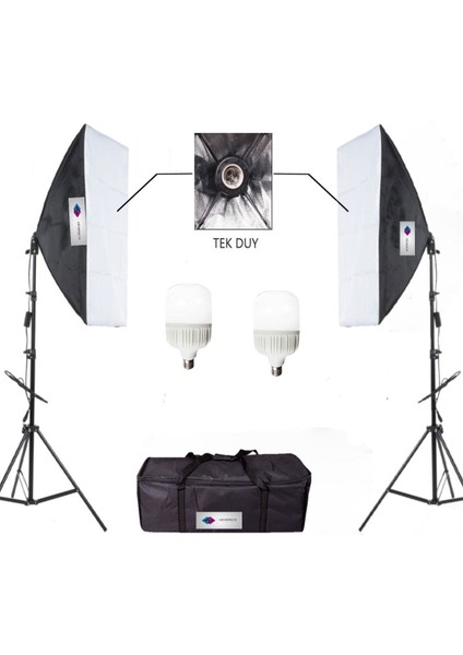 Softbox 50X70 Sürekli Video Işık Tekduylu Çiftli 6500 Kl. LED Işık Ikili Işık Set