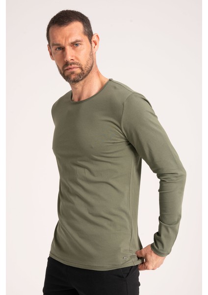 %100 Pamuk Yüksek Kalite Normal Fit Erkek Tişört, Yağ Yıkama (Dirty Oil) Uzun Kollu Yeşil Tshirt
