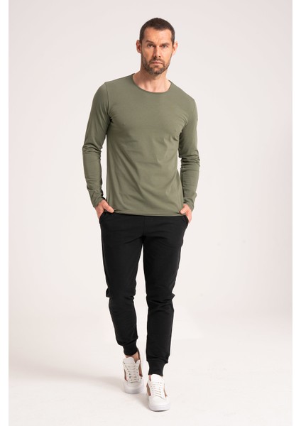 %100 Pamuk Yüksek Kalite Normal Fit Erkek Tişört, Yağ Yıkama (Dirty Oil) Uzun Kollu Yeşil Tshirt