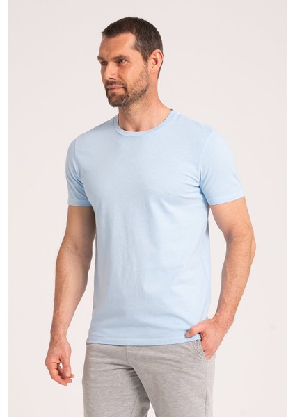 Yuvarlak Yaka Normal Fit Erkek Mavi Tişört, %100 Pamuk Basic Erkek Tshirt