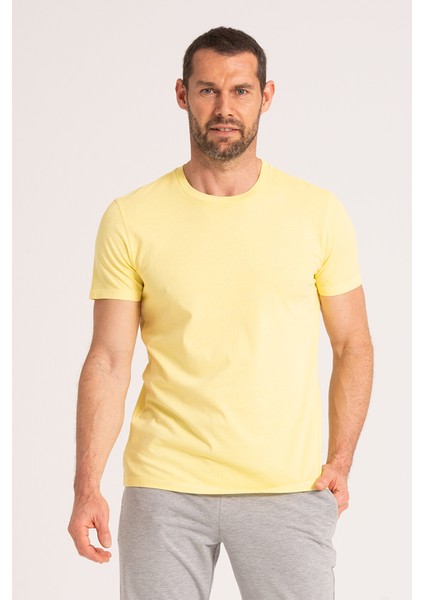 Yuvarlak Yaka Normal Fit Erkek Sarı Tişört, %100 Pamuk Basic Erkek Tshirt