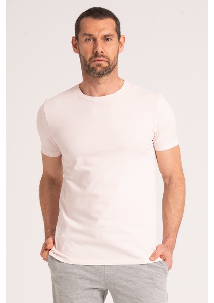 Yuvarlak Yaka Normal Fit Erkek Pembe Tişört, %100 Pamuk Basic Erkek Tshirt