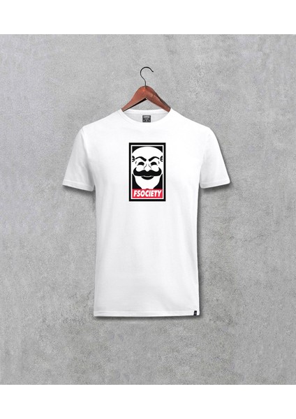 Mr Robot Society Özel Tasarım Baskılı Beyaz Tişört
