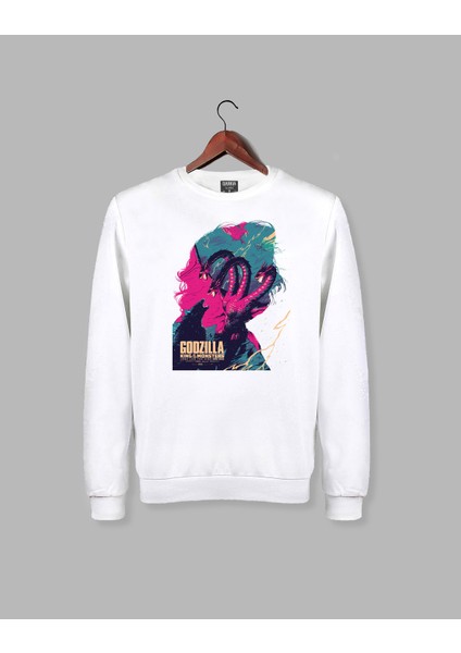 Godzilla Baskılı Özel Tasarım Beyaz Sweatshirt
