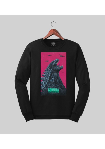 Godzilla Baskılı Özel Tasarım Siyah Sweatshirt