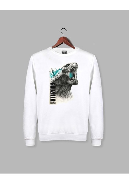 Godzilla Baskılı Özel Tasarım Beyaz Sweatshirt