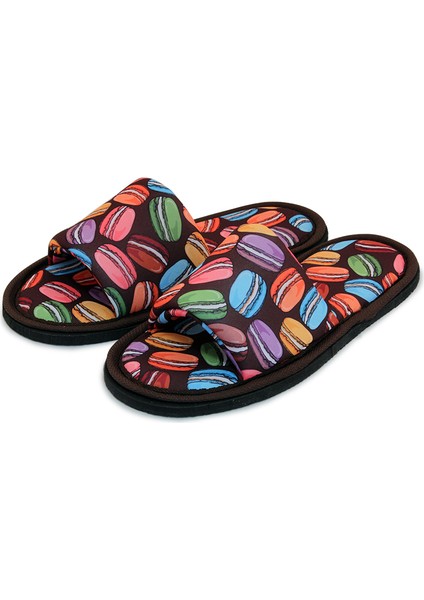 Unisex Kahverengi Macaron Desenli Önü Açık Yumuşak Tabanlı Ev Terlik