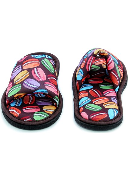 Unisex Kahverengi Macaron Desenli Önü Açık Yumuşak Tabanlı Ev Terlik modelleri