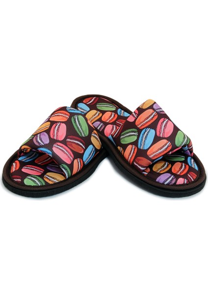 Unisex Kahverengi Macaron Desenli Önü Açık Yumuşak Tabanlı Ev Terlik fırsatları