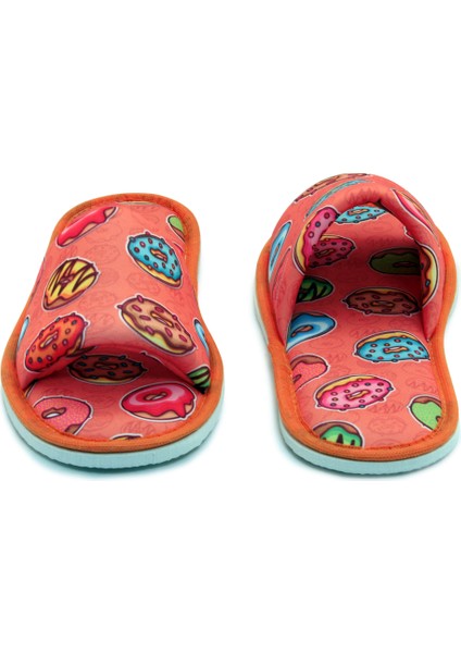 Unisex Turuncu Donut Desenli Önü Açık Yumuşak Tabanlı Ev Terlik