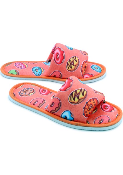 Unisex Turuncu Donut Desenli Önü Açık Yumuşak Tabanlı Ev Terlik