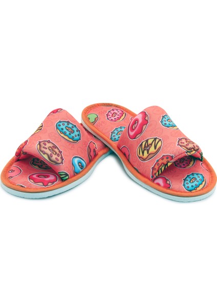 Unisex Turuncu Donut Desenli Önü Açık Yumuşak Tabanlı Ev Terlik