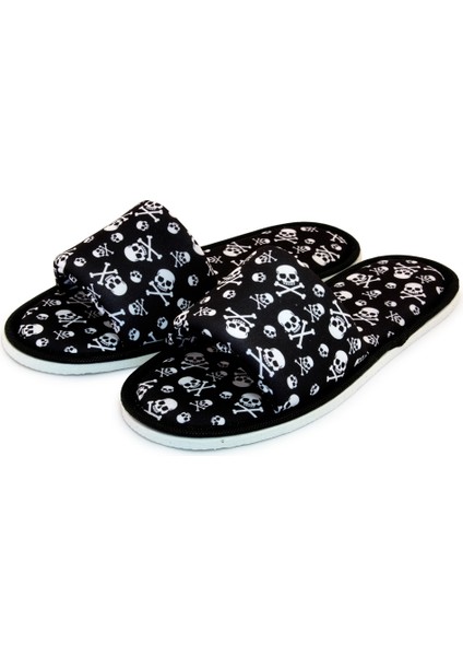 Erkek Siyah Kuru Kafa Desenli Önü Açık Yumuşak Tabanlı Ev Terlik