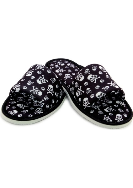 Erkek Siyah Kuru Kafa Desenli Önü Açık Yumuşak Tabanlı Ev Terlik fırsatları