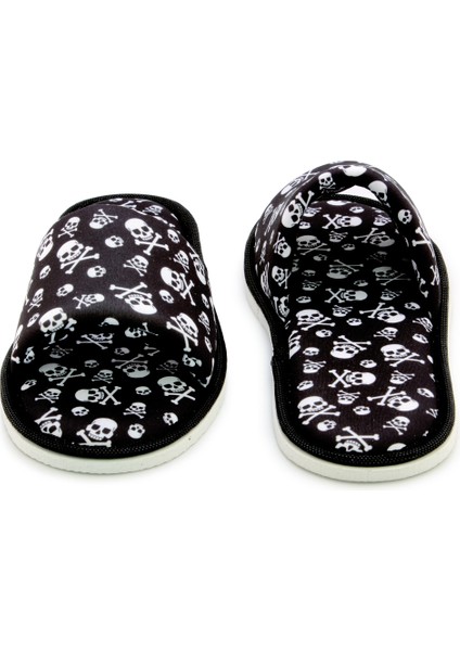 Erkek Siyah Kuru Kafa Desenli Önü Açık Yumuşak Tabanlı Ev Terlik indirimleri