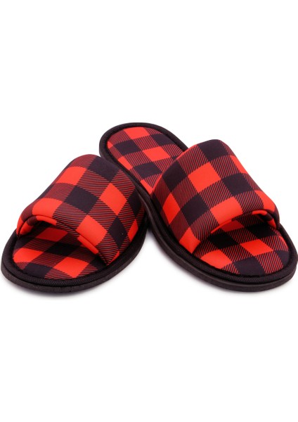 Erkek Kırmızı Oduncu Desenli Önü Açık Yumuşak Tabanlı Ev Terlik