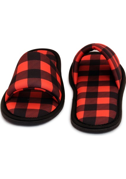Erkek Kırmızı Oduncu Desenli Önü Açık Yumuşak Tabanlı Ev Terlik modelleri
