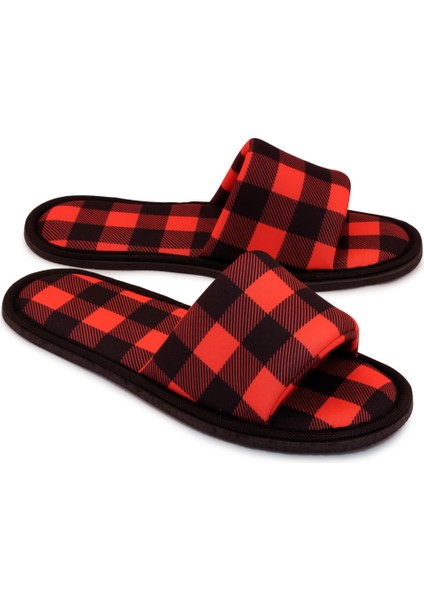 Erkek Kırmızı Oduncu Desenli Önü Açık Yumuşak Tabanlı Ev Terlik indirimleri