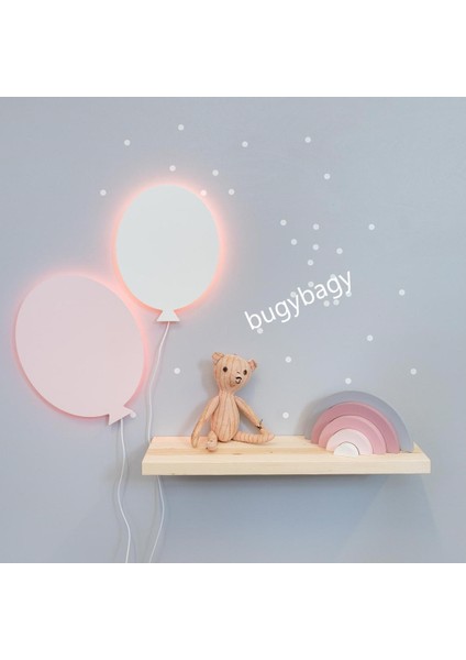 Bugy Bagy Bugybagy - 2 Li  Dekoratif Ahşap Duvar Aydınlatma Seti -  2 Adet Pembe-Beyaz Uçan Balon ( 30X30CM) + 112 Adet 3-4-5cm Beyaz Yıldız Sticker