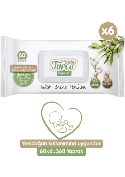 Baby Turco Doğadan Yenidoğan Islak Bebek Havlusu 60 Yaprak x 6'lı