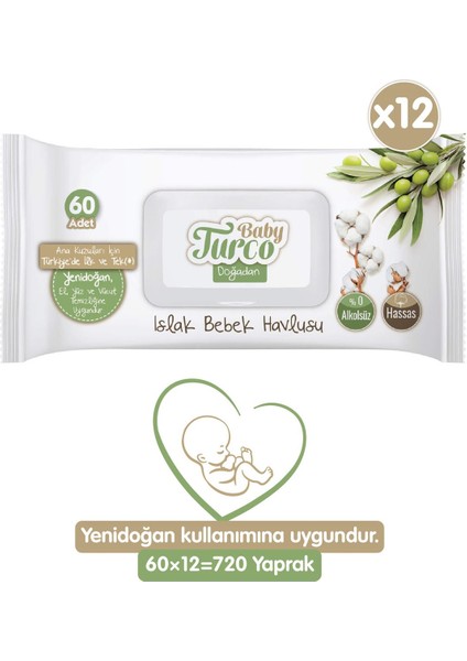 Baby Turco Doğadan Yenidoğan Islak Bebek Havlusu 12x60 Yaprak