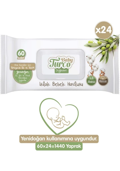 Baby Turco Doğadan Yenidoğan Islak Bebek Havlusu 60 Yaprak x 24'lü