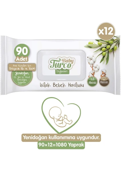 Baby Turco Doğadan Yenidoğan Islak Bebek Havlusu 12X90 Yaprak