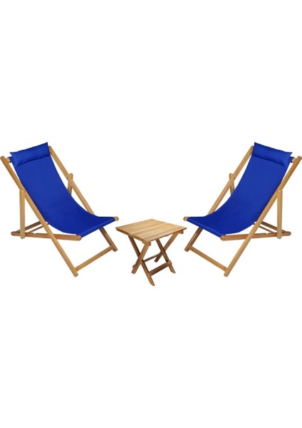 Ahşap Katlanabilir Taşınır Şezlong. Plaj, Bahçe, Teras, Balkon Şezlongu. 3 Lü Set (Mavi)