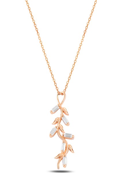 Baget Taşlı Rose Renk Yaprak Model Kadın Gümüş Kolye