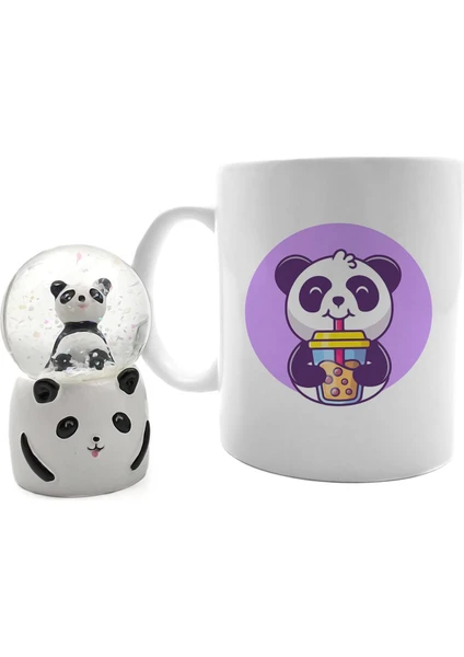 Vega Gift Shop Sevimli Panda Işıklı Mini Kar Küresi & Panda Tasarım Kupa Hediye Seti