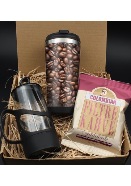 Kahve Çekirdeği Tasarım Çelik Termos & French Press & Mehmet Efendi Taze Filtre Kahve Hediye Seti