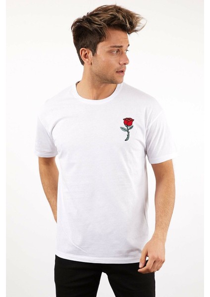 Twentyone Erkek Oversize Gül Nakışlı T-Shirt