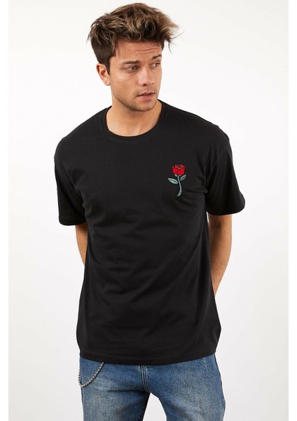 Twentyone Erkek Oversize Gül Nakışlı T-Shirt