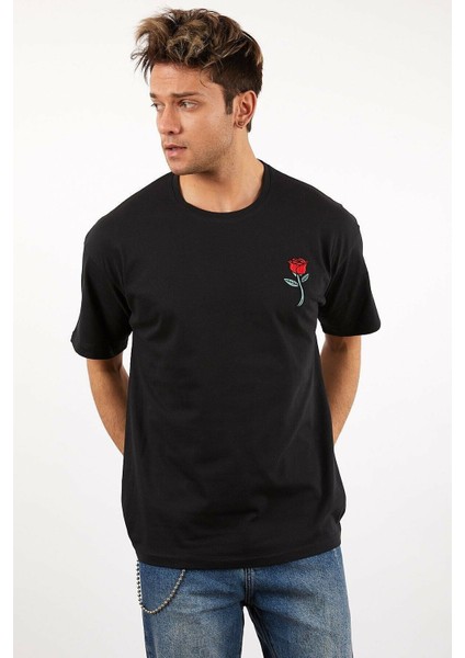 Twentyone Erkek Oversize Gül Nakışlı T-Shirt