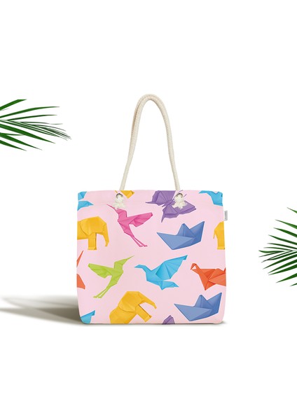 Bebek Çantası - Pembe Zeminli Origami Sanatı Dijital Baskılı Modern Kumaş Çanta