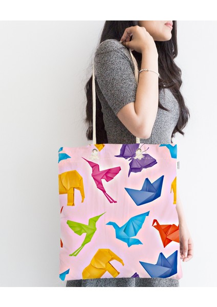 Bebek Çantası - Pembe Zeminli Origami Sanatı Dijital Baskılı Modern Kumaş Çanta fiyatları