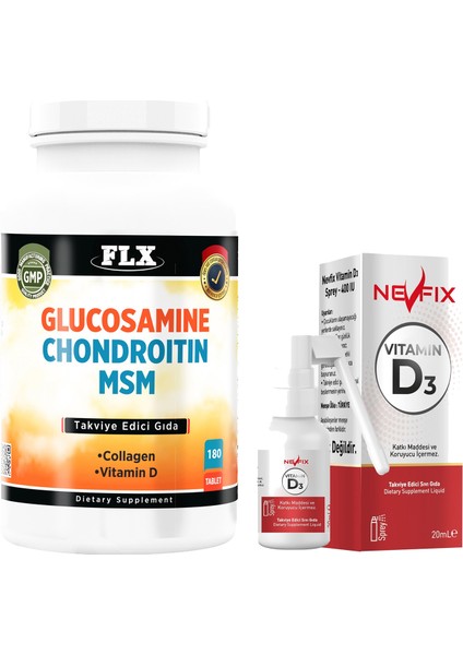 Glukosamine Kondroitin Msm Hyaluronic Asit Zerdeçal 180 Tablet & Nevfix Vitamin D3 Sıvı Sprey