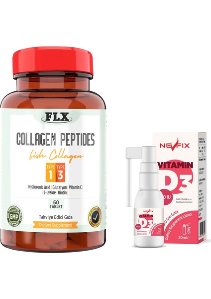 Collagen Peptides Tip 1-3 Balık Kolajeni 60 Tablet & Nevfix Vitamin D3 Sıvı Sprey