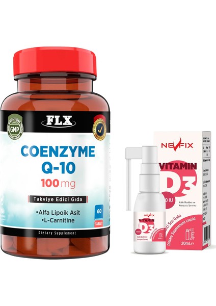 Koenzim Alfa Lipoik Asit Lkarnitin Coenzyme Q10 60 Tablet & Nevfix Vitamin D3 Sıvı Sprey