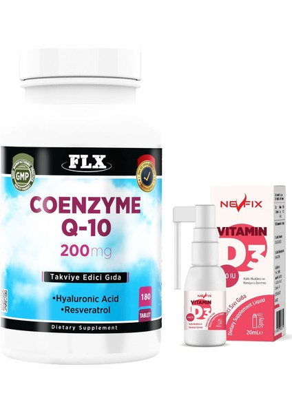 Coenzyme Koenzim Q-10 200 Mg Hyaluronik Asit Resveratrol 180 Tablet & Nevfix Vitamin D3 Sıvı Sprey